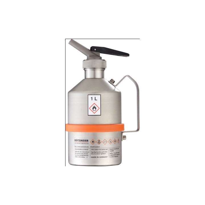 Safety can with metering device pressure control valve stainless steel 1 L handle unpolished