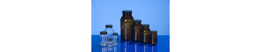 Butelki szklane z szeroką szyjką i gwintem – Wyposażenie laboratorium